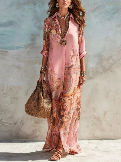Full Size Printed Button-Down Maxi Shirt Dress Plus Size