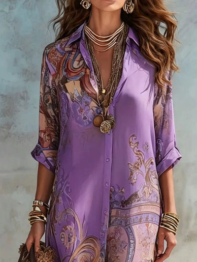 Full Size Printed Button-Down Maxi Shirt Dress Plus Size