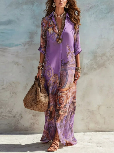 Full Size Printed Button-Down Maxi Shirt Dress Plus Size