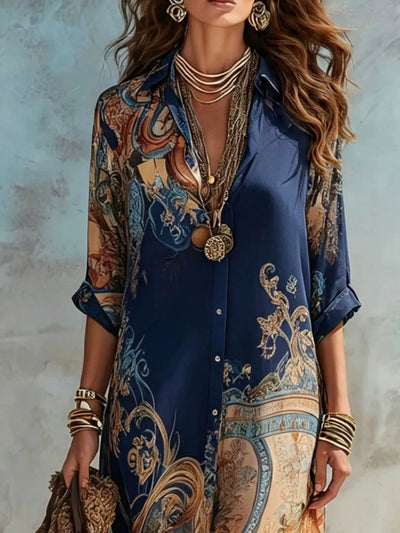Full Size Printed Button-Down Maxi Shirt Dress Plus Size