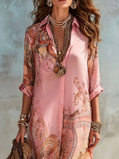 Full Size Printed Button-Down Maxi Shirt Dress Plus Size