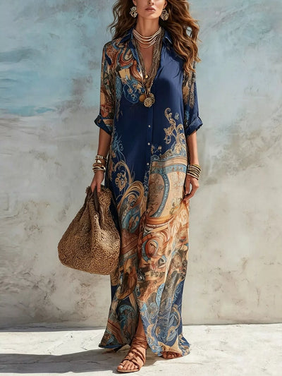 Full Size Printed Button-Down Maxi Shirt Dress Plus Size