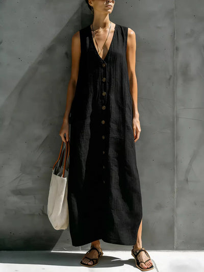 Full Size Sleeveless V-Neck Button-Down Linen Maxi Dress