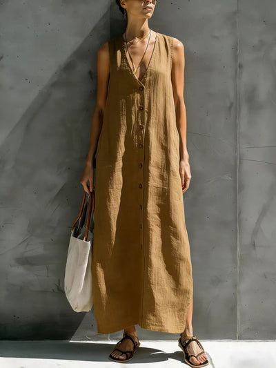 Full Size Sleeveless V-Neck Button-Down Linen Maxi Dress