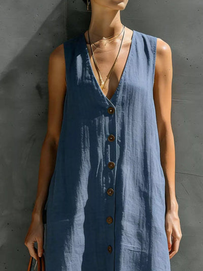 Full Size Sleeveless V-Neck Button-Down Linen Maxi Dress