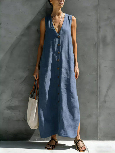 Full Size Sleeveless V-Neck Button-Down Linen Maxi Dress