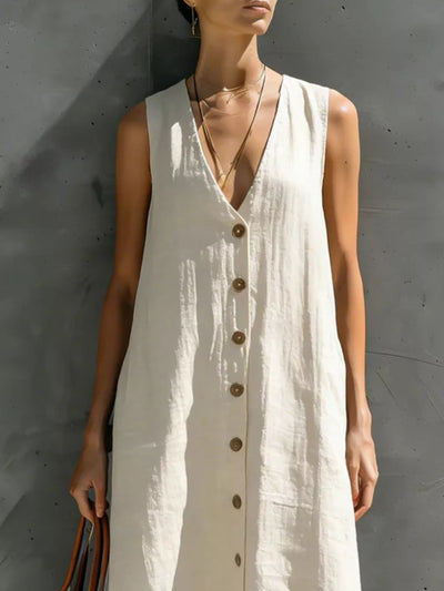 Full Size Sleeveless V-Neck Button-Down Linen Maxi Dress
