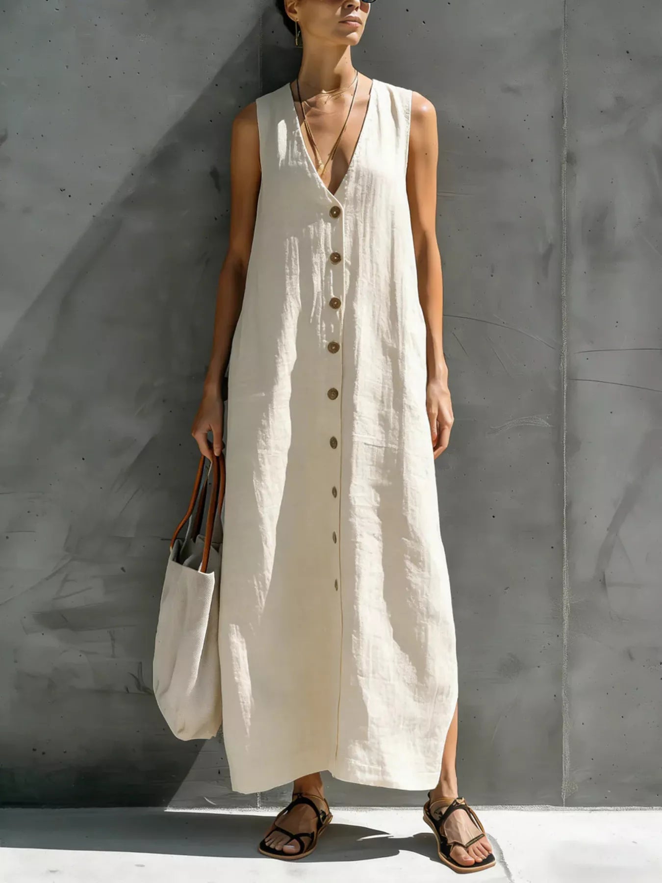 Full Size Sleeveless V-Neck Button-Down Linen Maxi Dress