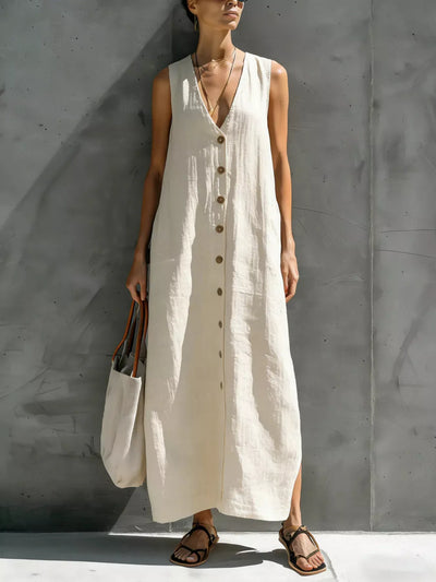 Full Size Sleeveless V-Neck Button-Down Linen Maxi Dress