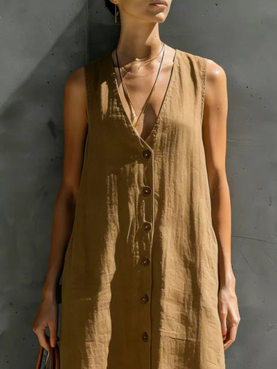 Full Size Sleeveless V-Neck Button-Down Linen Maxi Dress