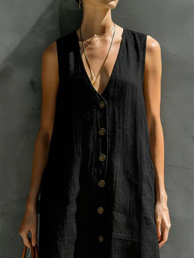 Full Size Sleeveless V-Neck Button-Down Linen Maxi Dress