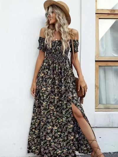 Full Size Slit Off-Shoulder Floral Midi Dress Plus Size