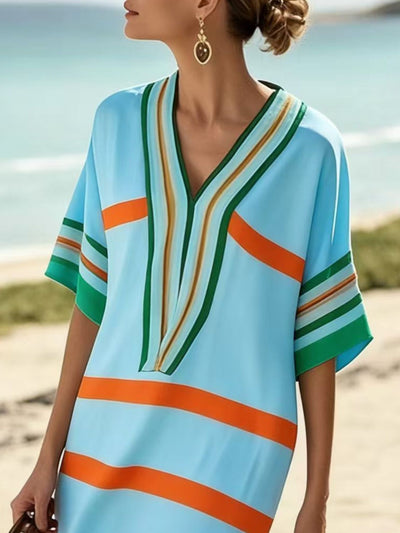 Full Size Striped Half Sleeve Midi Dress Plus Size