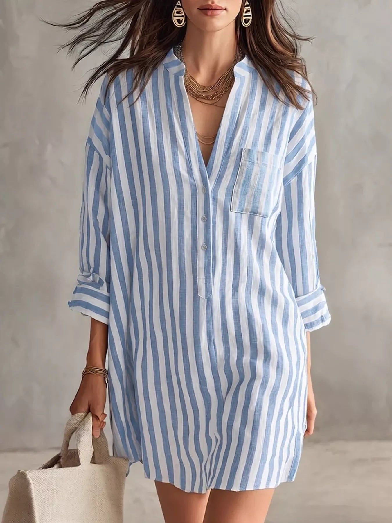 Full Size Striped Shirt Mini Dress Plus Size