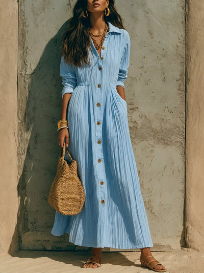 Full Size Textured Button Down Long Sleeve Maxi Dress Plus