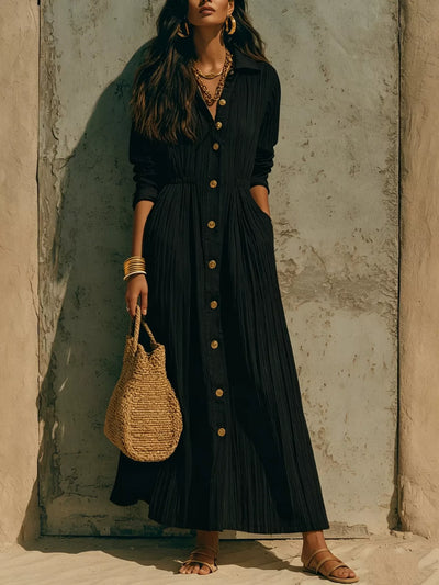 Full Size Textured Button Down Long Sleeve Maxi Dress Plus