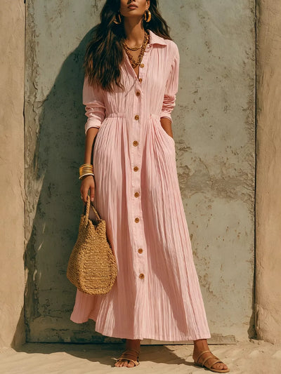 Full Size Textured Button Down Long Sleeve Maxi Dress Plus