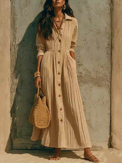 Full Size Textured Button Down Long Sleeve Maxi Dress Plus