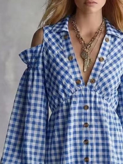 Gingham Cold-Shoulder Mini Dress