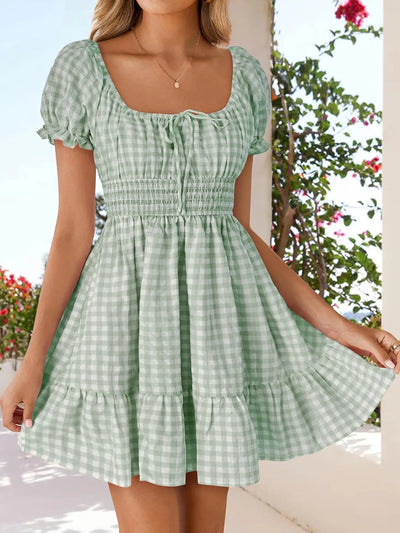 Gingham Smocked Puff Sleeve Summer Dress