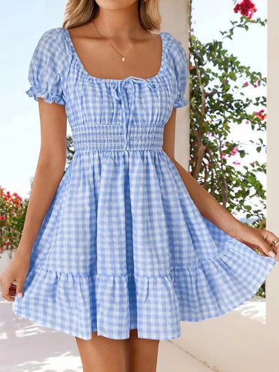 Gingham Smocked Puff Sleeve Summer Dress