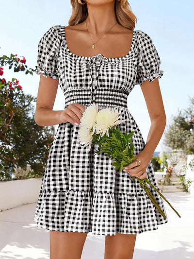 Gingham Smocked Puff Sleeve Summer Dress