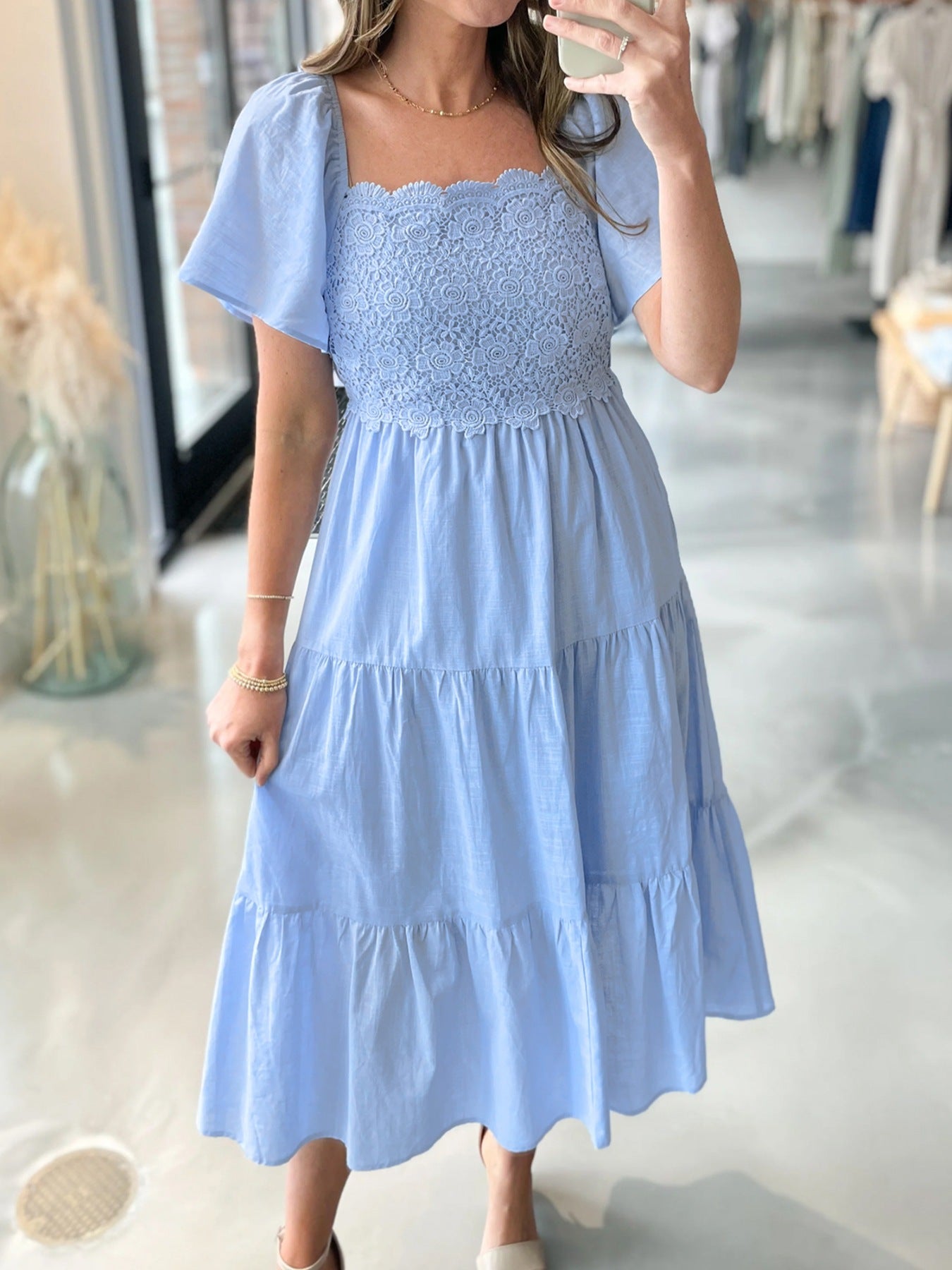 Lace Short Sleeve Tiered Midi Dress