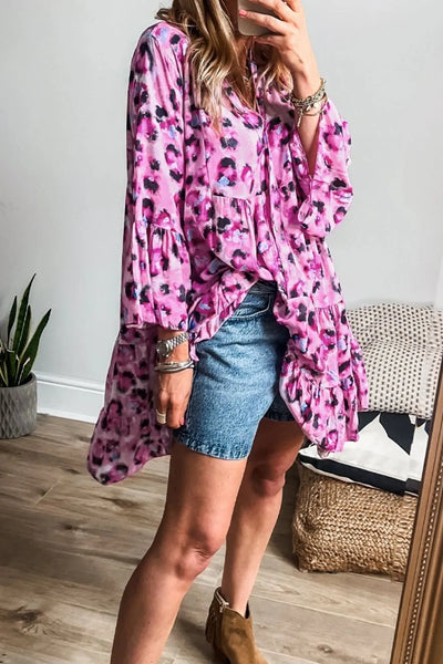 Leopard Print Buttoned Front 3/4 Sleeve Tiered Ruffled Hem