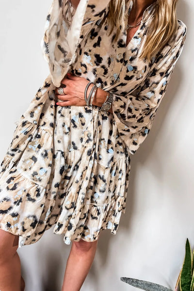 Leopard Print Buttoned Front 3/4 Sleeve Tiered Ruffled Hem