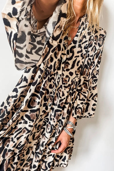 Leopard Print Buttoned Front 3/4 Sleeve Tiered Ruffled Hem