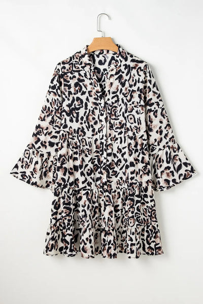 Leopard Print Buttoned Front 3/4 Sleeve Tiered Ruffled Hem
