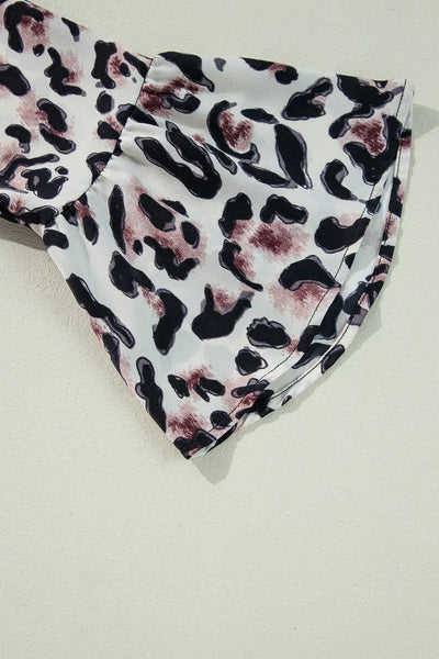 Leopard Print Buttoned Front 3/4 Sleeve Tiered Ruffled Hem