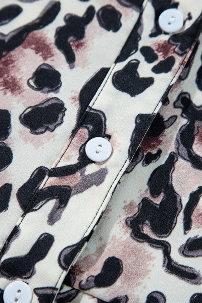 Leopard Print Buttoned Front 3/4 Sleeve Tiered Ruffled Hem