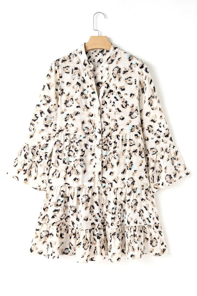 Leopard Print Buttoned Front 3/4 Sleeve Tiered Ruffled Hem