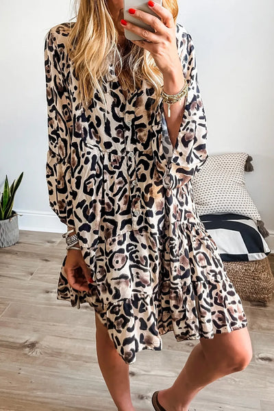 Leopard Print Buttoned Front 3/4 Sleeve Tiered Ruffled Hem