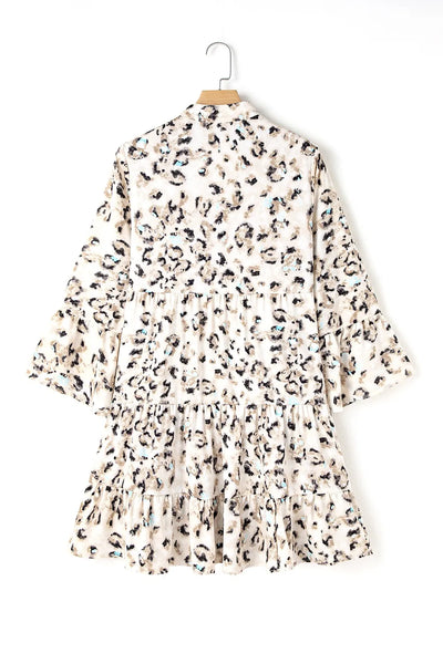 Leopard Print Buttoned Front 3/4 Sleeve Tiered Ruffled Hem