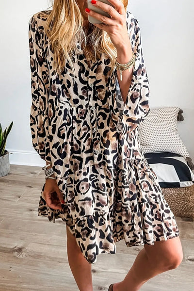 Leopard Print Buttoned Front 3/4 Sleeve Tiered Ruffled Hem