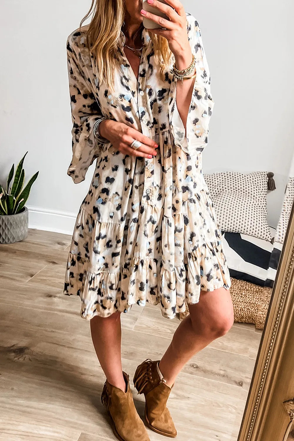 Leopard Print Buttoned Front 3/4 Sleeve Tiered Ruffled Hem