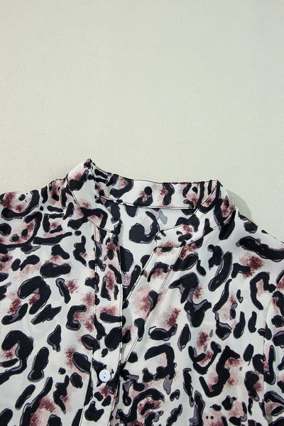 Leopard Print Buttoned Front 3/4 Sleeve Tiered Ruffled Hem