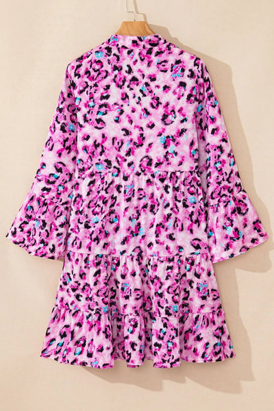 Leopard Print Buttoned Front 3/4 Sleeve Tiered Ruffled Hem