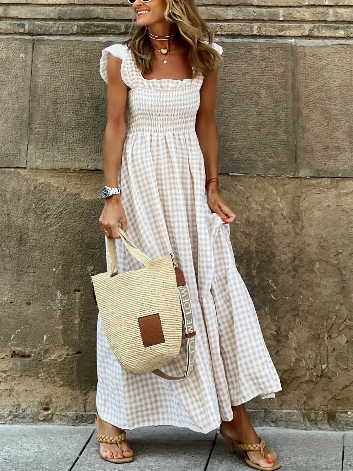 Plaid Ruffle Sleeve Maxi Dress