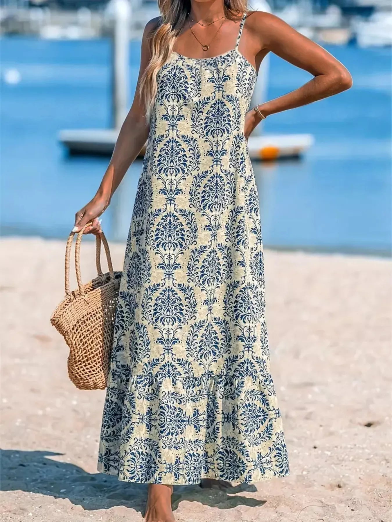 Plus Size Bohemian Spaghetti Strap Damask Print Maxi Beach