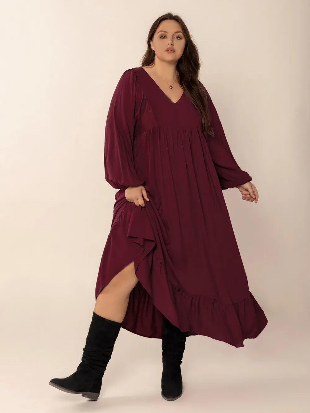 Plus Size Ruffled Hem V-Neck Balloon Sleeve Dress
