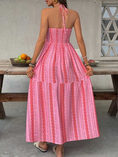 Printed Halter Neck Slit Midi Dress