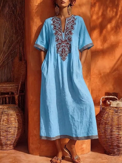 Printed Notched Half Sleeve Midi Dress