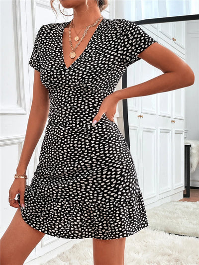 Printed Ruffled Hem V-Neck Short Sleeve Mini Dress