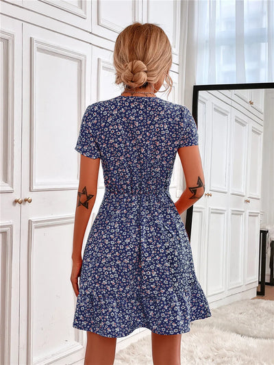 Printed Ruffled Hem V-Neck Short Sleeve Mini Dress
