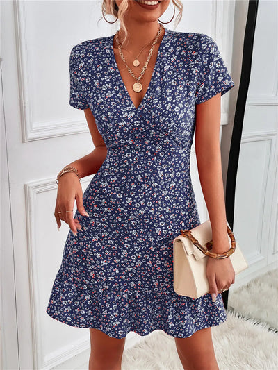 Printed Ruffled Hem V-Neck Short Sleeve Mini Dress