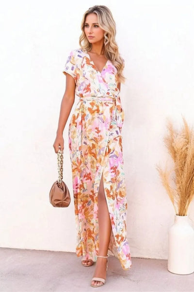 Printed Surplice Short Sleeve Tie Waist Maxi Dress