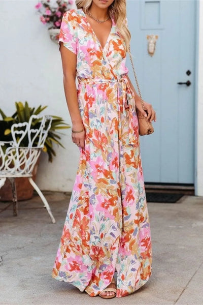 Printed Surplice Short Sleeve Tie Waist Maxi Dress